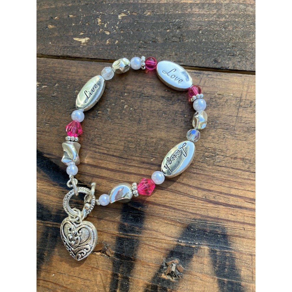 Live Laugh Love Bracelet Heart Charm Beaded Pink White Silver Tone Toggle Clasp